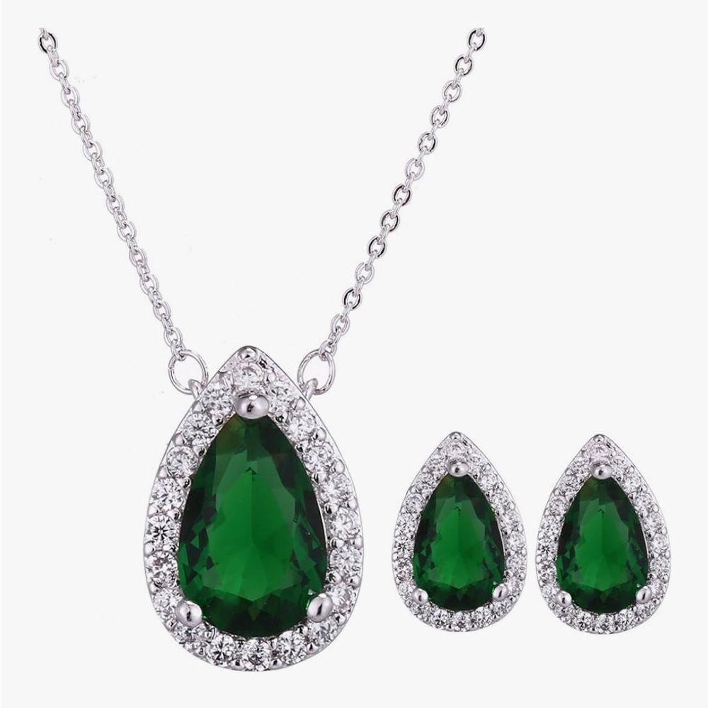 Emerald Teardrop Necklace & Earrings Set Green Simulated Diamonds Silver Dainty